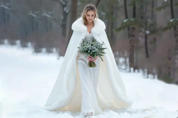 زیبایی عروس در زمستان : عروسی با گل در دست میان برفها در حال قدم زدن