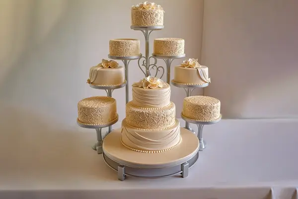 کیک عروسی : کیک سه طبقه با چند طبقه اضافه در اطراف کیک به رنگ سفید