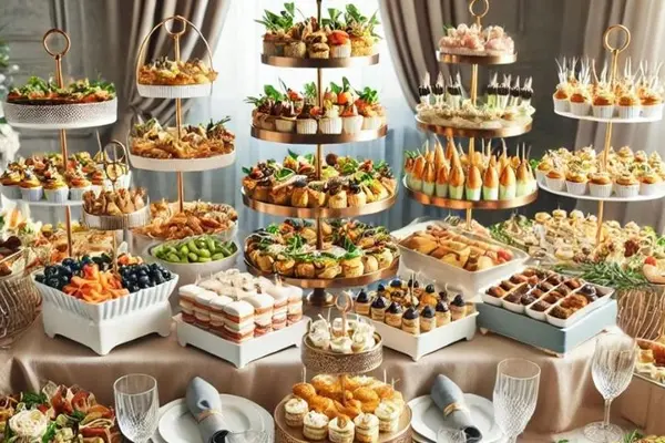 میوه و شیرینی عروسی : میز تزیین شده با سینی های چند طبقه مملو از شیرینی و میوه