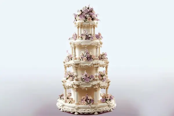 کیک عروسی : چند طبقه به شکل قصر با گلهای یاسی رنگ تزیین شده