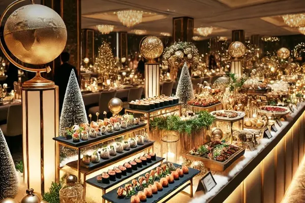 میوه و شیرینی عروسی : میز پذیرایی شیک با انواع شیرینی و میوه با تم طلایی