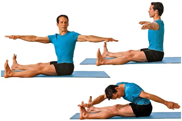 مردی در حال انجام خرکت اره پیلاتس . در سه تصویر در کنار هم