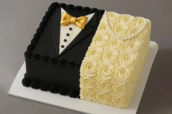 کیک عروسی : به دونیمه یک نیمه به شکل لباس دادماد و نیمه دیگر با نمای لباس عروس