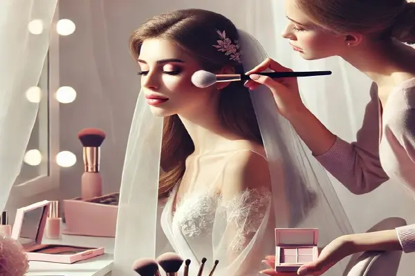 زیبایی عروس در زمستان : آرایشگر در حال میکاپ عروس