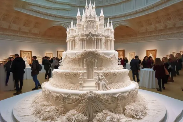 کیک عروسی : کیک با نمای قلعه به رنگ سفید روی میز