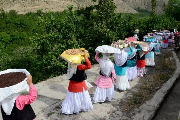 نحوه اعلام کادو سر عقد : تعدادی خانم شمالی با طبق کادو روی سر