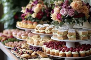 میوه و شیرینی عروسی : میز پذیرایی با سینی های شیرینی و گلهای زیبا