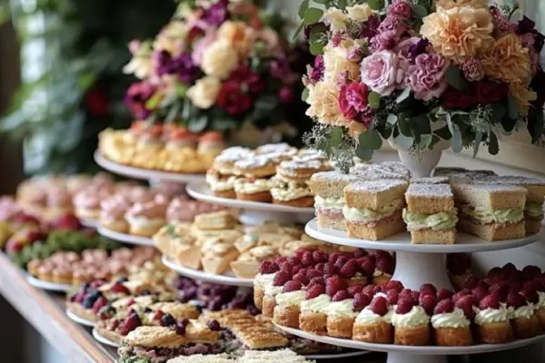 میوه و شیرینی عروسی : میز پذیرایی با سینی های شیرینی و گلهای زیبا