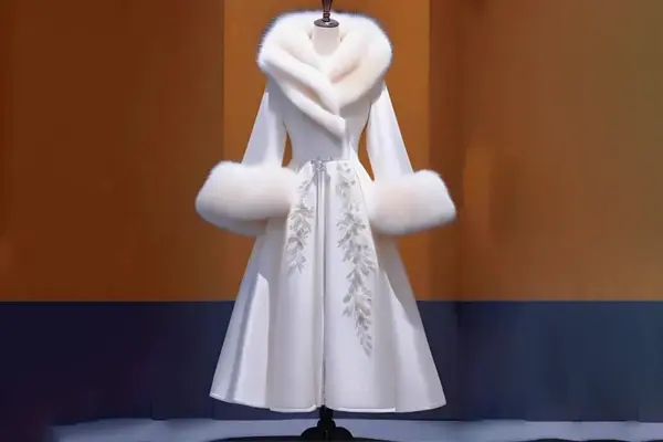 کت زمستانی عروس به رنگ سفید با آستین و یقه خزدار